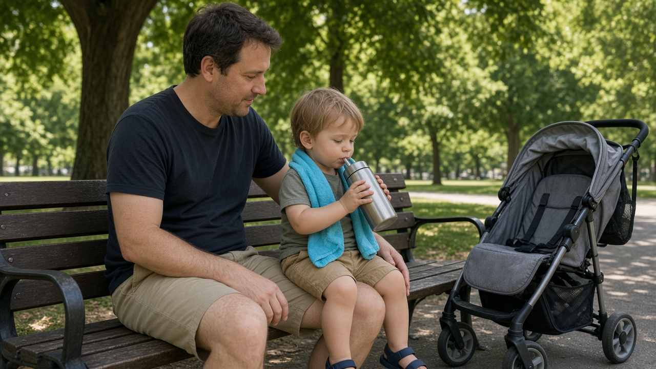 Parent and toddler taking a shaded bench break with a stainless water bottle and cooling towel on a hot outdoor day