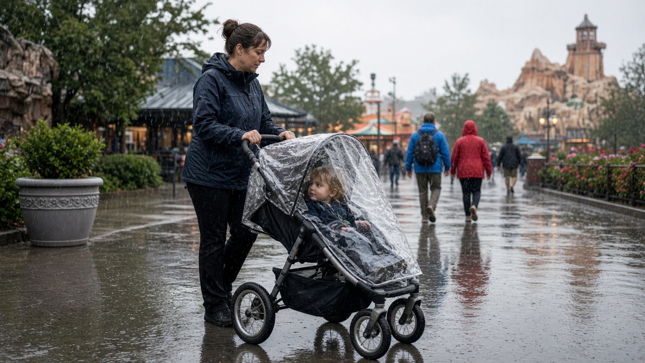 Parent pushing a lightweight stroller with a clear rain cover on a wet outdoor park walkway