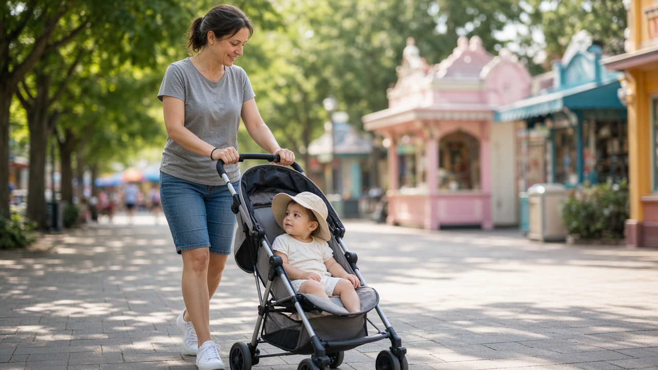 Parent pushing a toddler in a lightweight stroller and sun hat on a sunny outdoor park promenade