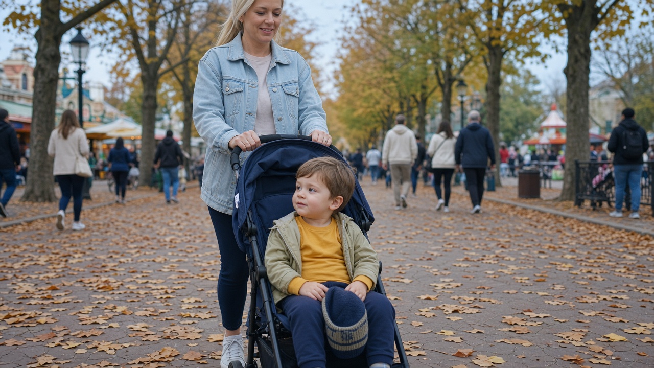 Parent buckling a baby in a stroller on a cool morning, child in a long-sleeve shirt and light fleece jacket